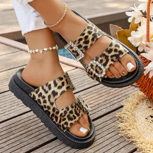 Leopard print platform slide sandals for women with crystal rhinestone buckles