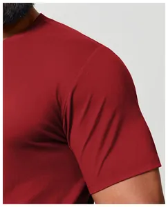Close-up of red quick-dry athletic t-shirt fabric and shoulder seam detail