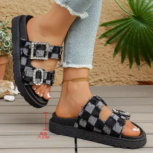 Women's black and white checkered platform sandals with rhinestone buckles, 4cm sole.