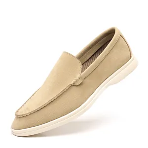 Breathable retro beige men's casual slip-on loafers with soft suede-like finish