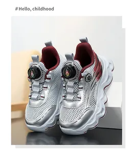 Stylish silver breathable mesh girls' running sneakers with convenient rotary buckle design