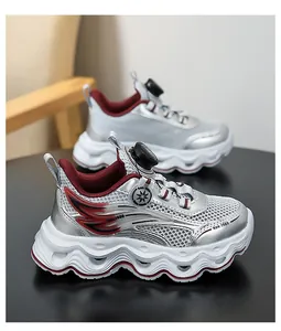 Close-up detail of silver mesh girls' sports dad shoes with breathable hollowed design