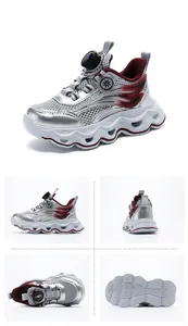 Multi-angle views of breathable girls mesh sneakers with rotary dial lace system.