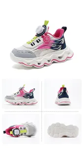 Multi-angle views of breathable girls' mesh running shoes with rotary buckle.