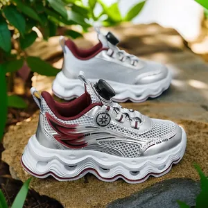 Breathable girls mesh chunky sneakers for summer running in silver with rotary laces