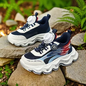 Girls' lightweight breathable mesh running sneakers in navy and white with rotary buckle
