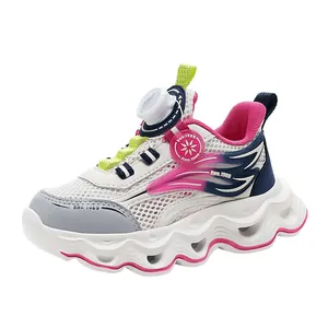 Girls breathable mesh sneakers with rotating buckle and wave sole in pink and white