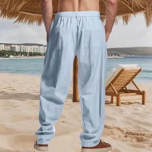 Detailed back view of men's light blue striped linen casual trousers for summer
