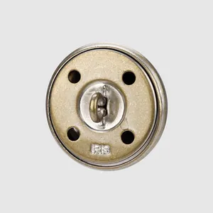 High-quality vintage brass metal shank button featuring unique four-hole design and IRIS logo