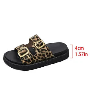 Detailed side view of women's leopard print platform slides showing 4cm heel height.