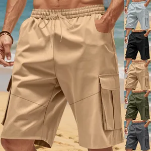 Men's loose cargo shorts with multi-pockets shown in various colors on a beach background