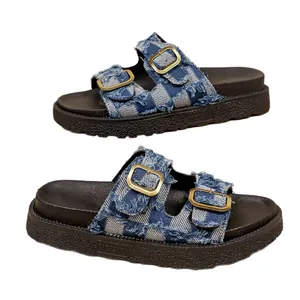 Women's thick-sole denim slippers with checkerboard pattern and gold double buckles