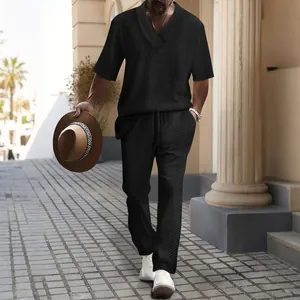 Men's black V-neck textured jacquard short sleeve and long pants summer set outfit
