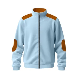 Men's light blue fleece jacket with brown elbow patches and stand collar
