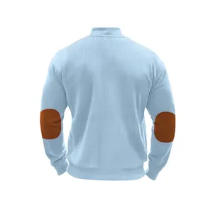 Detailed back view of a light blue ribbed men's jacket with vintage brown elbow patches