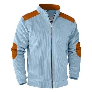 Detailed front view of a blue men's ribbed jacket with contrast orange patches