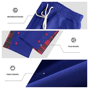 Viste dettagliate dei pantaloni blu che mostrano vita, fondo a quadri e tessuto
