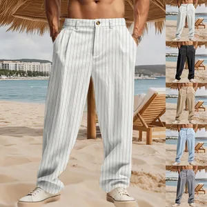 Detailed view of men's striped linen casual straight pants shown in various summer colors