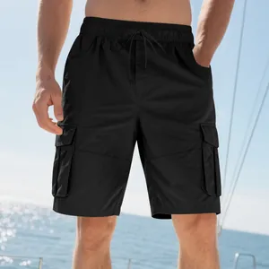 Detailed view of men's black loose multi-pocket cargo shorts for casual summer sports