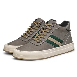Grijze mid-top heren sneakers van rundleer met 6 cm verborgen verhoging