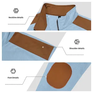 Detailed close-ups of light blue ribbed jacket neckline, shoulder and elbow patches
