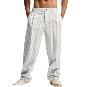 Casual men's white vertical striped linen trousers with straight leg for summer wear