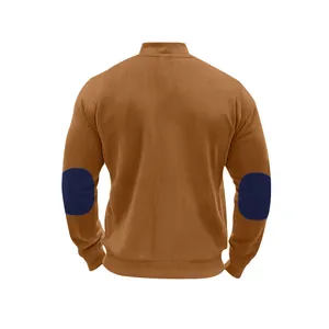 Back view of men's brown ribbed heavy fleece jacket featuring navy blue elbow patches