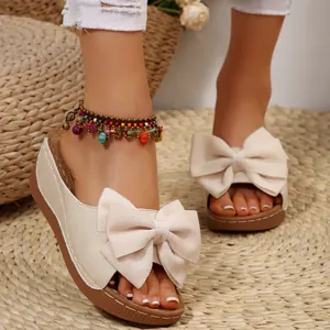 Women Bowknot Wedge Slides Platform Thick Bottom Beach Slippers Fashion Outdoor Sandals Synthetic Leather Rubber Sole