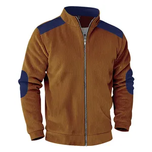Vintage men's ribbed corduroy jacket with navy blue shoulder and elbow patches in tan