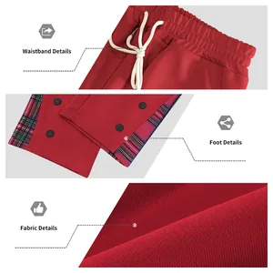 Dettagli dei pantaloni sportivi rossi: vita, orlo scozzese e trama del tessuto