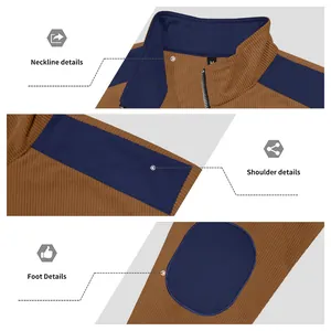 Close-up of neckline, shoulder, and patch details on brown men's retro fleece jacket
