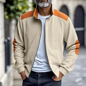 Detail view of men's ribbed zip-up jacket featuring contrast shoulder and elbow patches