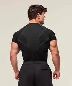 Back view of men's black compression gym shirt featuring a breathable mesh design