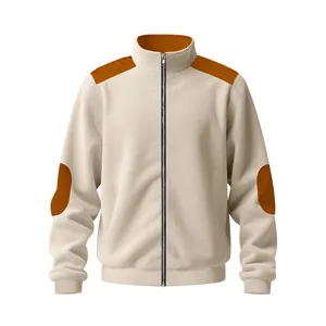 Vintage beige fleece jacket for men featuring contrast brown shoulder and elbow patches