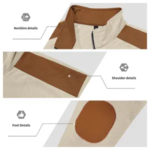 Close-up details of vintage corduroy jacket showing neckline, shoulder and patchwork detail.