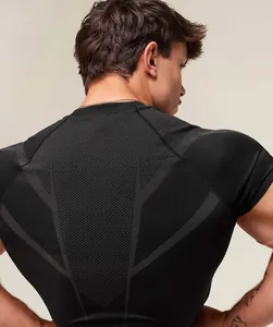 Close-up of breathable mesh back on men's black muscle fit fitness T-shirt