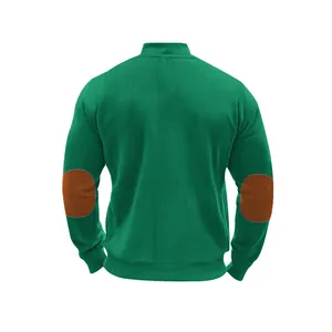Detailed back view of a green ribbed heavyweight jacket with brown suede elbow patches