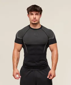 Close-up of men's athletic compression t-shirt featuring breathable mesh panels.