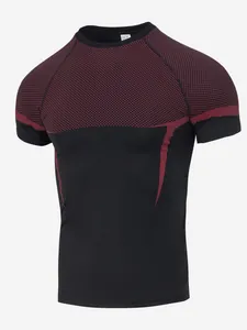 Detail view of men's compression workout t-shirt with red textured chest pattern