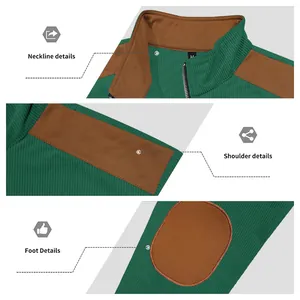 Detailed close-up of green ribbed jacket with brown shoulder and collar patches.