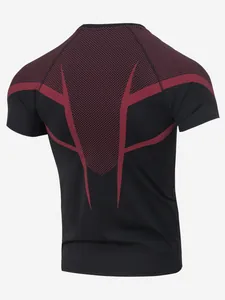 Detailed back view of men's quick-dry fitness T-shirt with red mesh pattern