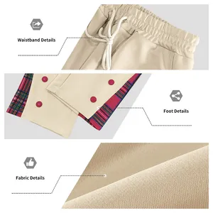 Dettagli dei pantaloni sportivi uomo con vita, polsini scozzesi e trama del tessuto.