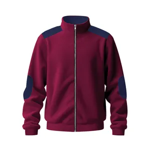 Men's heavy fleece zip-up jacket featuring retro stand collar and contrast patchwork