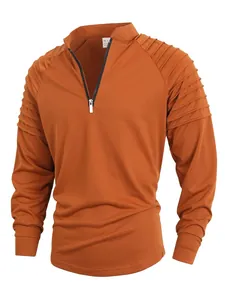Camiseta naranja casual de manga larga para hombre con cremallera media y hombros plisados