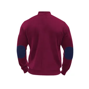 Back view of men's ribbed wine red zip-up jacket featuring contrast navy elbow patches.