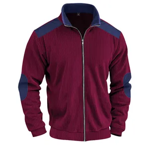 Men's heavy fleece jacket with ribbed texture and vintage stand collar in burgundy
