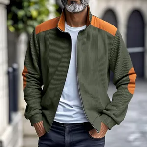 Men's vintage stand collar jacket in olive green fleece with orange shoulder patches