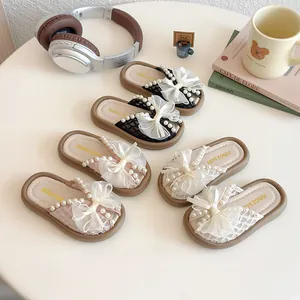 Zapatos de Princesa para Niñas Verano Lindo Lazo Perla Artificial Suela Blanda Zuecos Tela Malla Zapatillas Moda Coreana