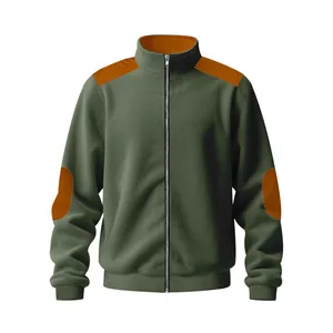 Close-up detail view of heavy cotton fleece jacket with shoulder and elbow patches