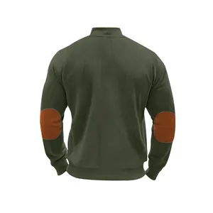 Detailed back view of men's olive green ribbed cardigan jacket featuring elbow patches